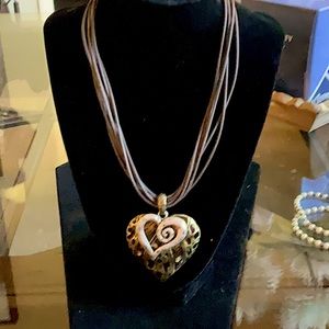 Brighton 17” 5 strand necklace with a 2” double layer heart, both gold & silver